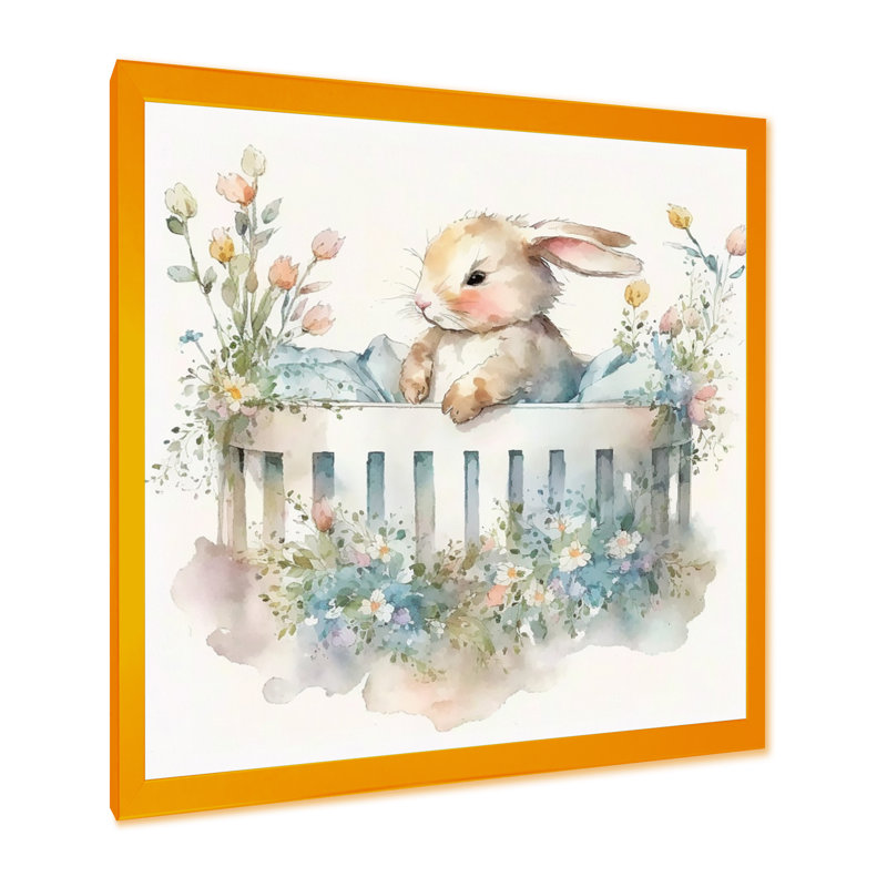 Zoomie Kids Baby Bunny In Crib With Flowers II Framed On Canvas Print